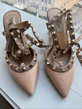 Valentino Pink Patent Pointed-Toe Rockstud Slingback Heels